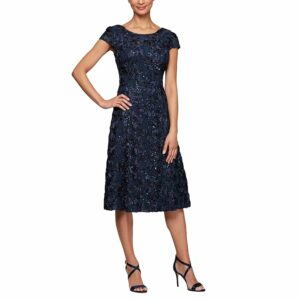 Alex Evenings Tea Length A-Line Rosette Dress (Navy) Women's Dress