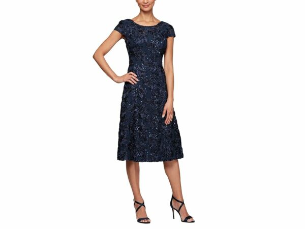 Alex Evenings Tea Length A-Line Rosette Dress (Navy) Women's Dress