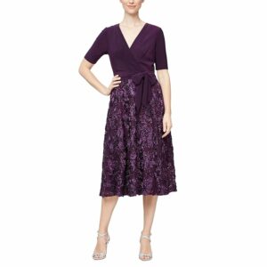 Alex Evenings Tea-Length Dress with Rosette Lace (Eggplant) Women's Dress