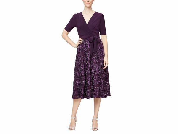 Alex Evenings Tea-Length Dress with Rosette Lace (Eggplant) Women's Dress