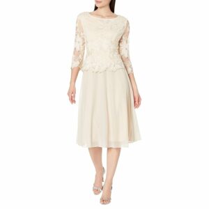 Alex Evenings Tea Length Embroidered Dress with Illusion Sleeve and Scallop Detail Full Skirt (Taupe) Women's Evening