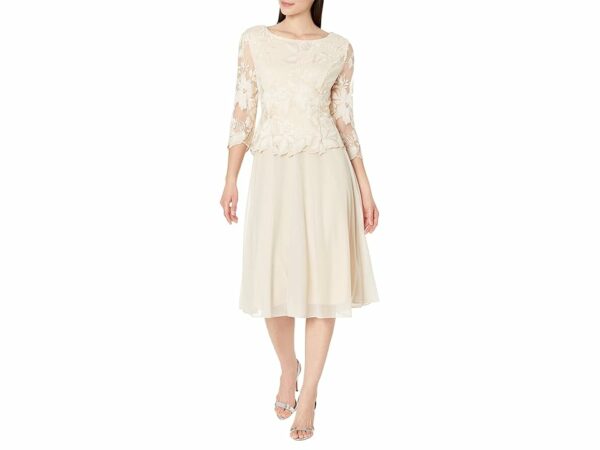 Alex Evenings Tea Length Embroidered Dress with Illusion Sleeve and Scallop Detail Full Skirt (Taupe) Women's Evening