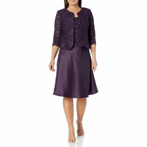 Alex Evenings Tea Length Jacket Dress with Lace Open Jacket and Tank with Satin Skirt (Eggplant) Women's Dress