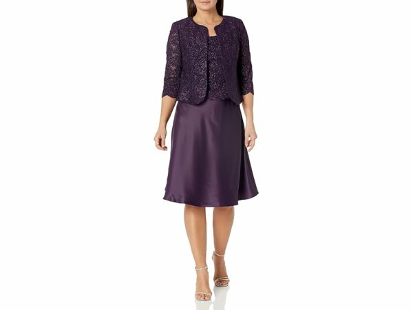 Alex Evenings Tea Length Jacket Dress with Lace Open Jacket and Tank with Satin Skirt (Eggplant) Women's Dress