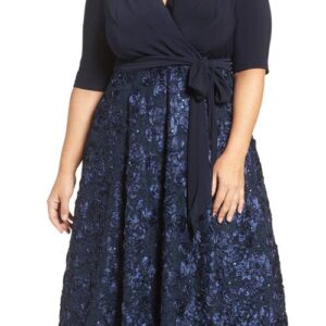 Alex Evenings Tea Length Jersey & Rosette Lace Dress in Navy at Nordstrom, Size 18W