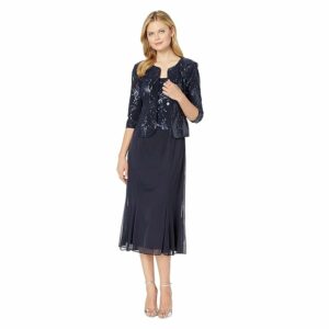 Alex Evenings Tea Length Mock Jacket Dress with Sequin Detail (Navy) Women's Dress