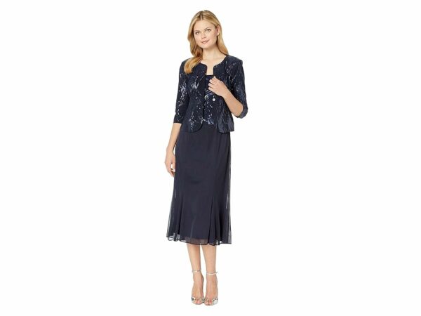 Alex Evenings Tea Length Mock Jacket Dress with Sequin Detail (Navy) Women's Dress