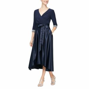 Alex Evenings Tea Length Party Dress with Satin Skirt (Navy) Women's Dress