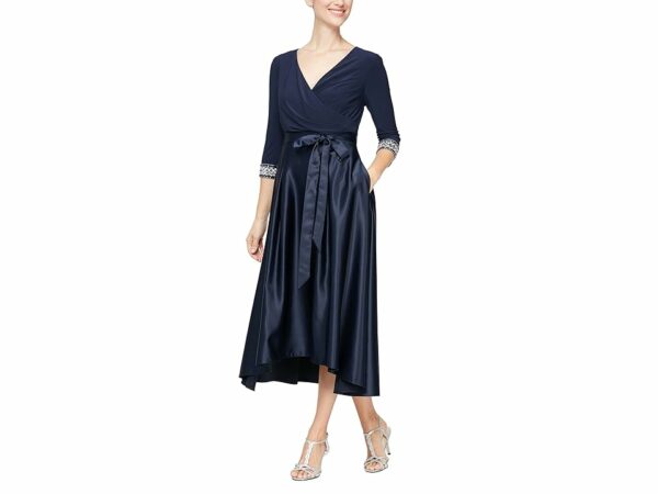 Alex Evenings Tea Length Party Dress with Satin Skirt (Navy) Women's Dress