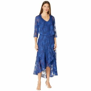 Alex Evenings Tea Length Printed Sleeveless with Matching Jacket (Royal) Women's Dress