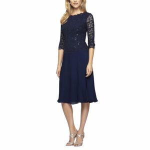 Alex Evenings Tea Length Sequin Lace Mock Dress (Navy) Women's Dress