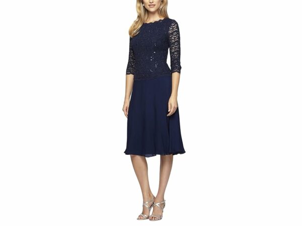 Alex Evenings Tea Length Sequin Lace Mock Dress (Navy) Women's Dress