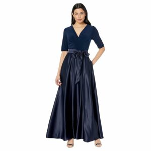 Alex Evenings Tea Length Surplice Neckline Dress with Tie Waist (Navy) Women's Dress