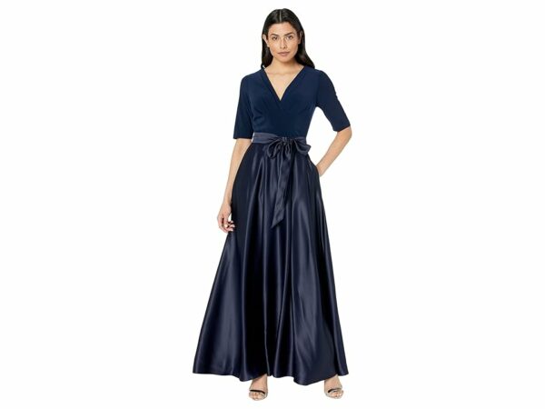 Alex Evenings Tea Length Surplice Neckline Dress with Tie Waist (Navy) Women's Dress