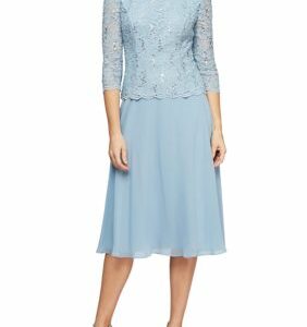 Alex Evenings Women's Tea-Length Mock Dress with Sequin Lace Bodice & Chiffon Skirt, Sky Blue, 12