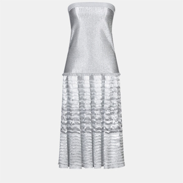 Alexander McQueen Silver Lame Strapless Midi Dress XS