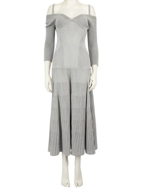 Alexander McQueen Silver Wool Ribbed Maxi Dress