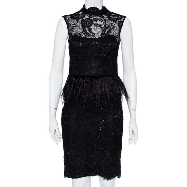 Alice + Olivia Black Embellished Lace & Feather Trim Patricia Peplum Dress S