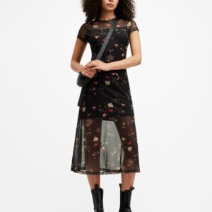 AllSaints Hanna Short Sleeve Mesh Kora Midi Dress