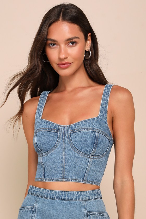 Definite Sweetie Medium Wash Denim Bustier Lace-Up Crop Top