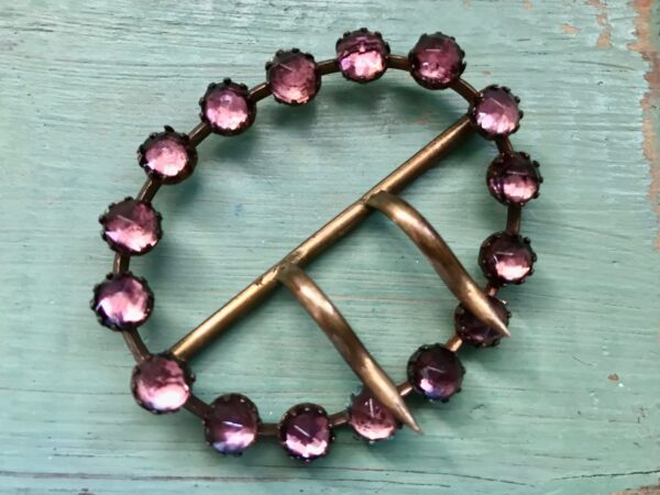 Amethyst Sash Buckle One Brass with Purple Glass Stones 1920's Antique Dress Accessory Flapper Pin