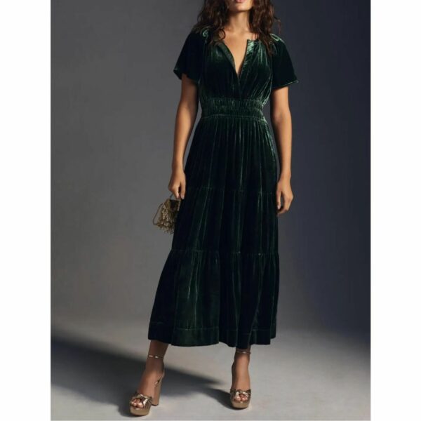 Anthropologie Somerset Maxi Velvet Dress Long Tiered Babydoll Dark Green Size M, Women's