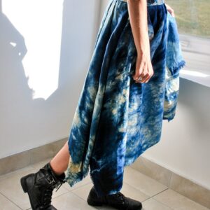 Arashi Shibori Wool Skirt With Asymmetrical Hem/Japanese Indigo Hand Dyed Bohemian Clothing One Of A Kind Midi