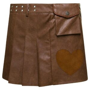 'Arina' Brown Pleated Mini Skirt With Heart And Patch Pocket Detail In Faux Leather Woman