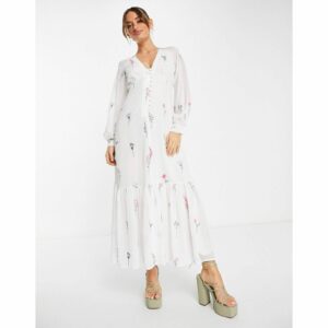 Asos Curve White Embroidered Long Sleeve Maxi Tea Dress, Women's (Size XL)