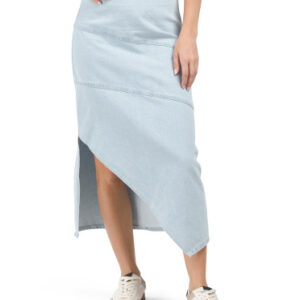 Asymmetrical Frayed Hem Denim Midi Skirt For Women