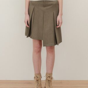 Asymmetrical Pleated Midi Skirt - Khaki Beige