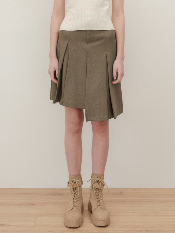 Asymmetrical Pleated Midi Skirt - Khaki Beige