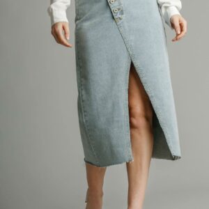 Asymmetrical Waist And Button Up Front Split Denim Skirt With Back Pockets And Unfinished Hem