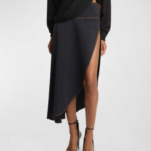 Asymmetrical Wool Denim Midi Skirt