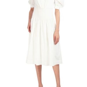 BCBGMAXAZRIA Smock Waist Stretch Cotton Midi Dress in Off White at Nordstrom Rack, Size X-Small