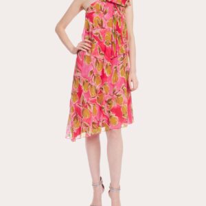 Badgley Mischka Women's Pleated Bow Asymmetric Cocktail Dress in Pink Multi Polyester