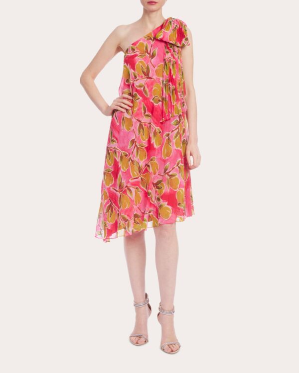 Badgley Mischka Women's Pleated Bow Asymmetric Cocktail Dress in Pink Multi Polyester