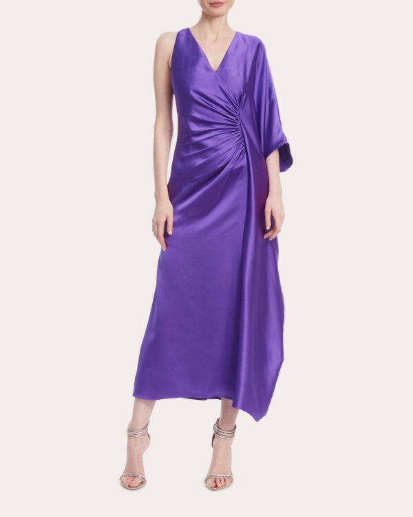 Badgley Mischka Women's Ruched Asymmetric Kaftan Dress in Purple Polyester