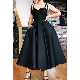 Ball Gown Cocktail Black Dress Vintage Dress Party Wear Prom Tea Length Sleeveless Spaghetti Strap Wednesday Addams Family Satin with Pleats 2024