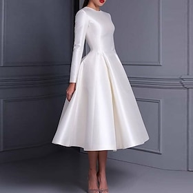 Ball Gown Cocktail Dresses Cute Dress Wedding Tea Length Long Sleeve Jewel Neck Fall Wedding Guest Satin with Pleats Pure Color 2024