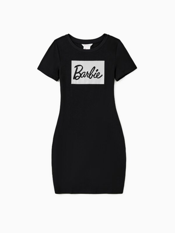 Barbie Mommy and Me Black Cotton Short-sleeve Letter Print Bodycon T-shirt Dresses