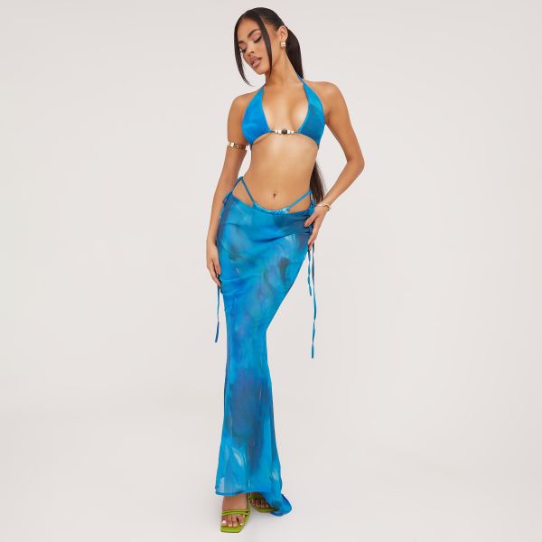 Beaded Detail Triangle Bikini Set With Maxi Skirt In Blue Print, Women's Size UK Small S