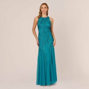 Beaded Halter Gown With Godet Skirt In Teal