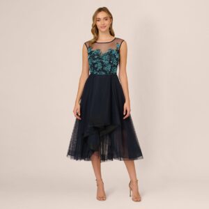 Beaded Midi Dress With Tulle Skirt In Midnight Multi