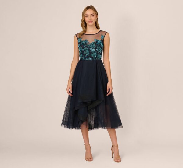 Beaded Midi Dress With Tulle Skirt In Midnight Multi