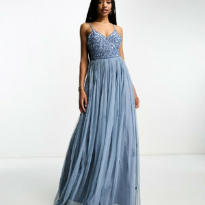 Beauut Tall Bridesmaid cami 2 in 1 maxi dress with embellished top and tulle skirt in dark blue