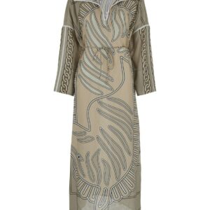 Beige Kaftan Dress With All-Over Print In Linen Woman