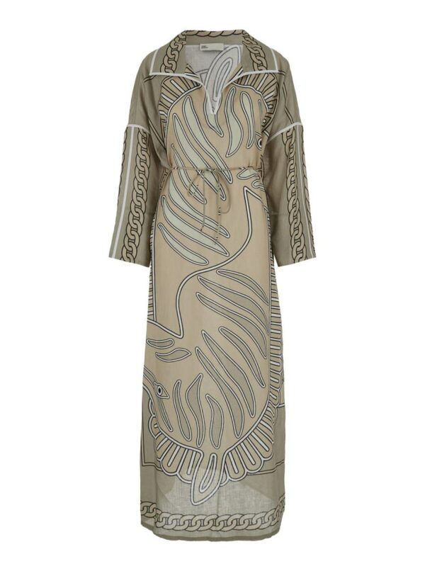 Beige Kaftan Dress With All-Over Print In Linen Woman