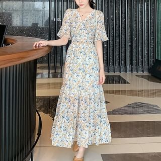 Bell Sleeve V-Neck Floral Print Maxi A-Line Dress