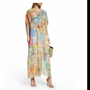 Bella Cape Sleeve Lace Up Maxi Kaftan Dress In Multicolor